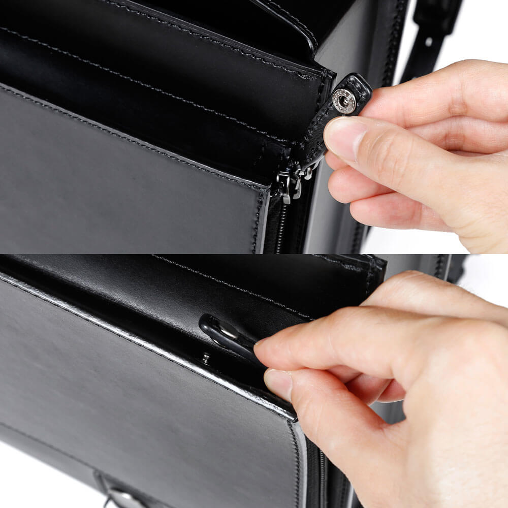 ファスナーの引き手はホックで固定ができる安全仕様。