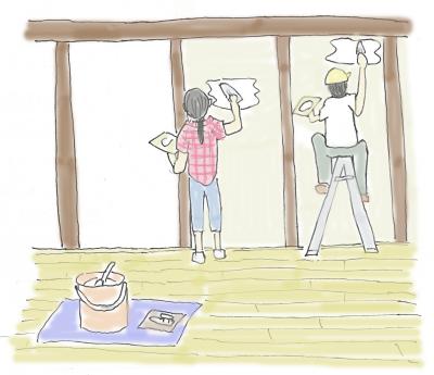 ヒロモリ家再生DIYボランティア 壁しっくい塗り