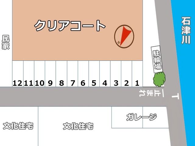 駐車場全体の図面です。予約したスペースの位置にお間違いのないようご注意ください。