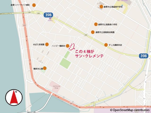 398号線から住宅街へ進入。道幅が狭いルートがありますのでご注意ください。