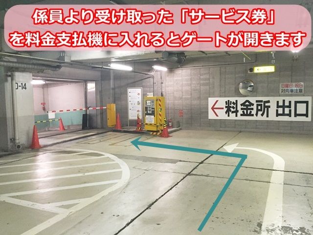 【出庫時2】出庫時は、先ほど係員より受け取った「サービス券」を料金支払機に入れるとゲートが開きますので、そのまま出入口へと進んでください。
