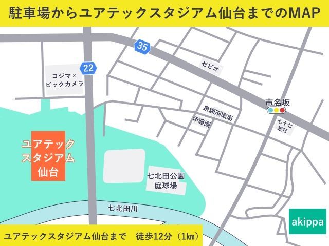 「ビジターゲート」「東北ゲート」「東南ゲート」へは 七北田川沿いを経由した南回りが最短距離です。