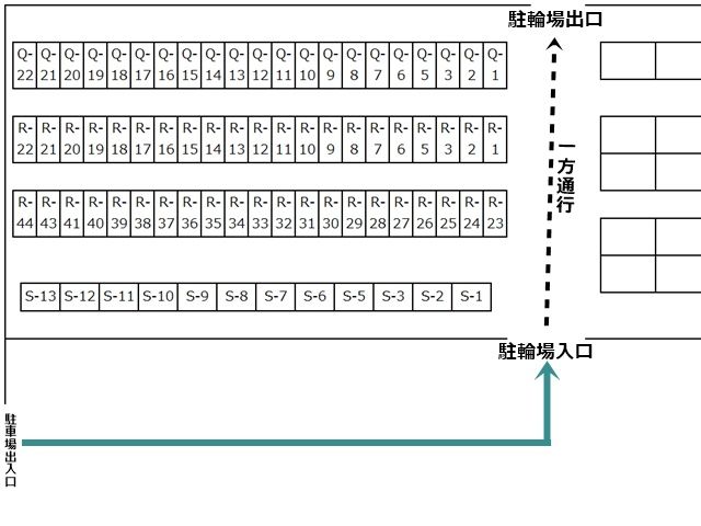 「akippaカラーコーン」に記載している、駐輪場の配置図です。ご確認の上、お間違いのないよう駐車してください。