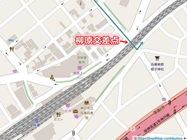 【道順1】国道28号の「大開通5丁目交差点」から阪神高速方面へ向かって「南東」へと進み、「柳原交差点」を山陽本線の高架下を過ぎてから「左折」してください。