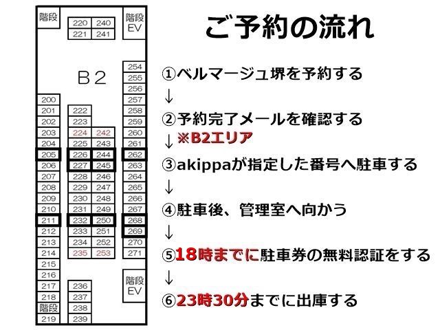地下2階のスペースへ駐車していただきます(予約完了メールに記載された指定番号へ駐車してください)