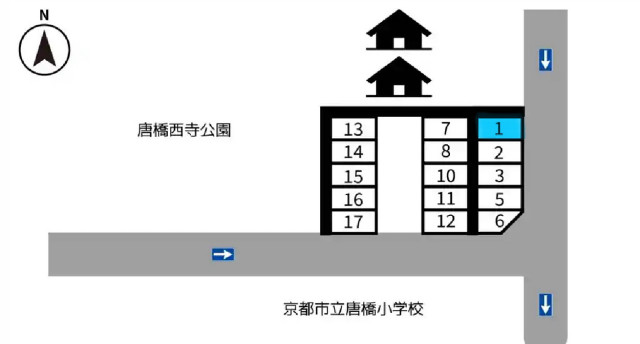 【停めやすい】唐橋小学校前月極24時間駐車場　九条病院徒歩約5分　門なし入出庫自由○の駐車場写真