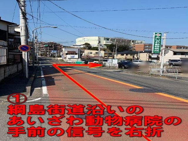 1. 綱島街道沿いのあいざわ動物病院の手前の信号を右折