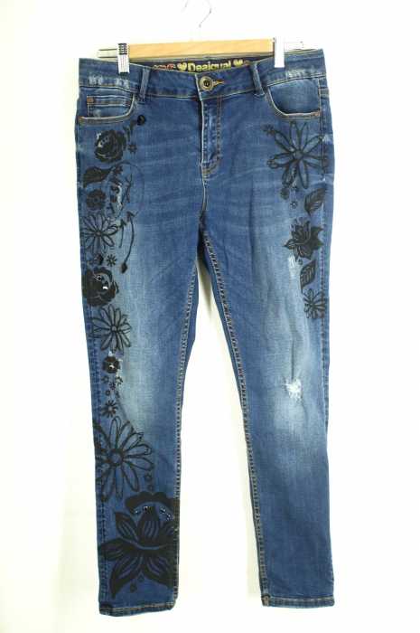 Desigual　 （デシグアル） クラッシュ加工 プリント ビジュー ストレッチ レディース パンツ