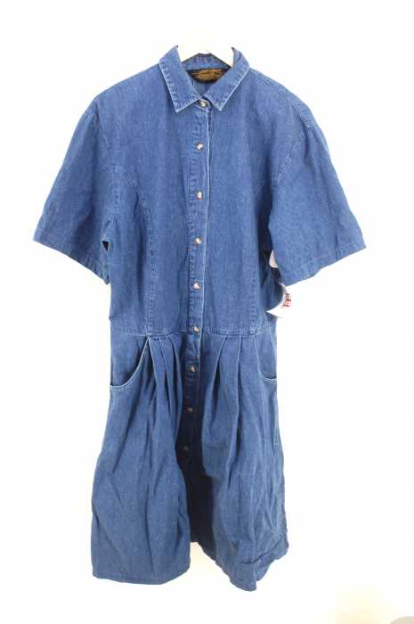 Eddie Bauer (エディーバウアー) 80s後期~90s前期 黒タグ後期 USA製 プリーツ切替デニムS/Sシャツワンピース レディース ワンピース