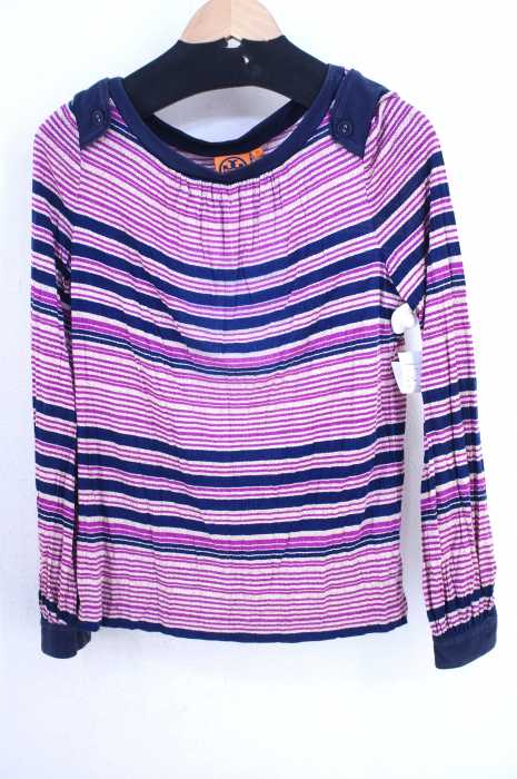 TORY BURCH（トリーバーチ） マルチボーダー柄 エポレット装飾 シルククルーネックカットソー レディース トップス
