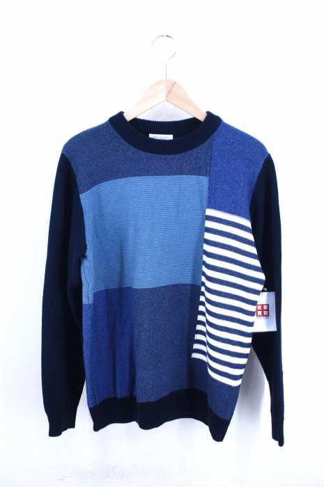 BEAUTY & YOUTH UNITED ARROWS (ビューティーアンドユースユナイテッドアローズ) ブルー パッチワーク クルーネック ニット メンズ トップス