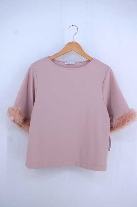 ZARA BASIC （ザラベーシック） 袖ファー装飾 クルーネックS/Sブラウス レディース トップス