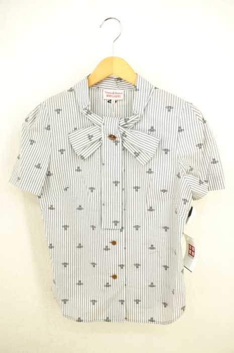 Vivienne Westwood RED LABEL （ヴィヴィアンウエストウッドレッドレーベル） リボン付き ストライプ柄 オーブプリント 丸襟変形S/Sシャツ レディース トップス