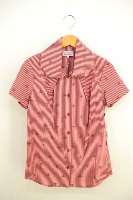 Vivienne Westwood RED LABEL (ヴィヴィアンウエストウッドレッドレーベル) リボン付き ストライプ柄 オーブプリント 丸襟変形S/Sシャツ レディース トップス