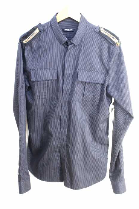 BALMAIN（バルマン） Navy Pinstriped Military Shirt　ダメージ加工比翼ミリタリーシャツ メンズ トップス