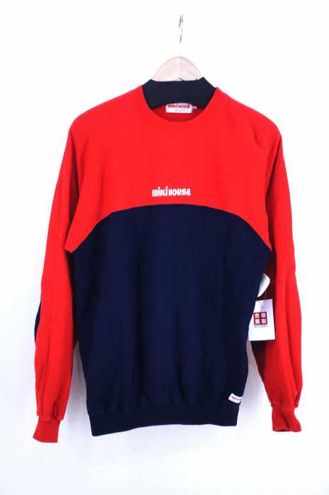 USED古着  （ユーズドフルギ） 90s miki house エルボーパッチ アーチロゴプリント バイカラークルーネックスウェット メンズ トップス