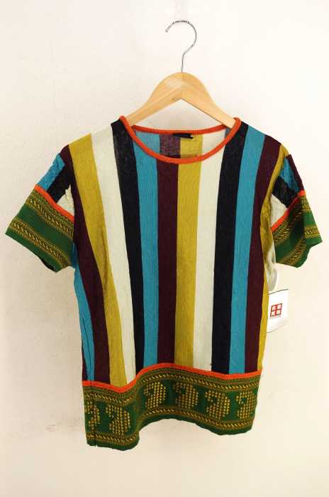 Jean Paul GAULTIER HOMME （ジャンポールゴルチエオム） マルチストライプ刺繍切替ニットT メンズ トップス