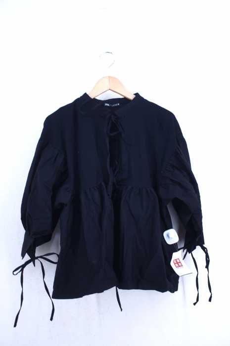 ZARA(ザラ) フロントリボン異素材切替パフスリーブトップス レディース トップス