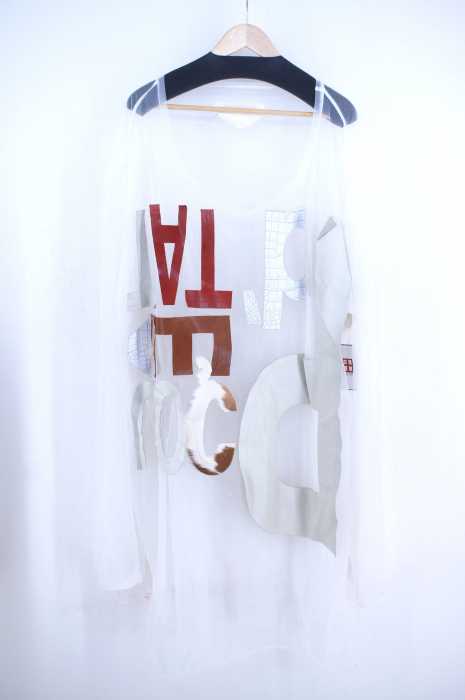NOZOMI ISHIGURO Haute Couture（ノゾミイシグロオートクチュール） 12SS Look1 メッセージプリント レザーパッチワーク オーバーサイズチュールワンピース レディース ワンピース