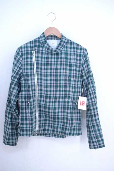 KIIT（キート） チェック柄 リネン紺 ライダースブルゾン メンズ アウター