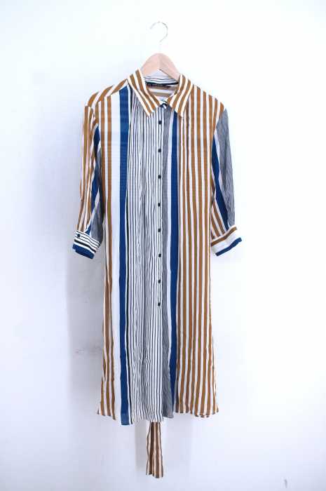 Zara Basic ザラベーシック マルチストライプ柄 ロングシャツワンピース レディース ワンピース ブランド古着買取販売バズストア