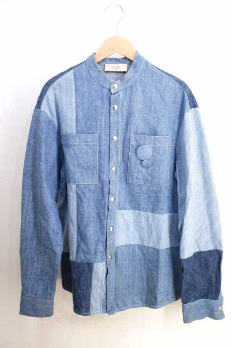 MAISON FLANEUR（メゾンフラネウール） PATCHWORK DENIM SHIRTS バンドカラーパッチワークデニムシャツ メンズ トップス