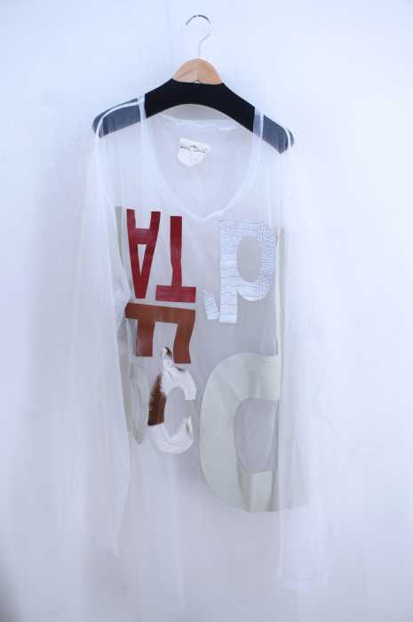 NOZOMI ISHIGURO Haute Couture（ノゾミイシグロオートクチュール） 12SS Look1 メッセージプリント レザーパッチワーク オーバーサイズチュールワンピース レディース ワンピース