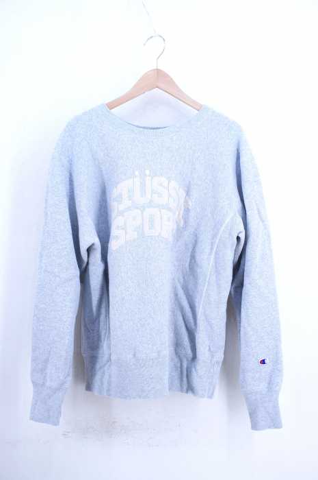 STUSSY × Champion （ステューシー チャンピオン） 17AW REVERSE WEAVE フロッキーロゴプリント霜降りスウェット メンズ トップス