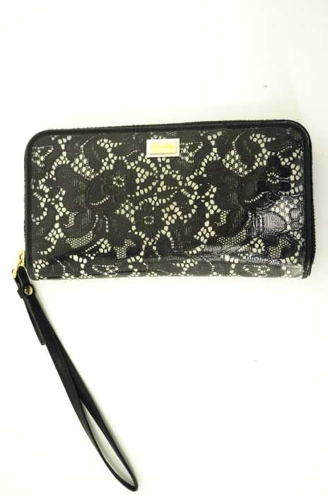 DOLCE&GABBANA （ドルチェアンドガッバーナ） レース×レザー ロゴプレート ラウンドファスナーロングウォレット レディース ファッション雑貨