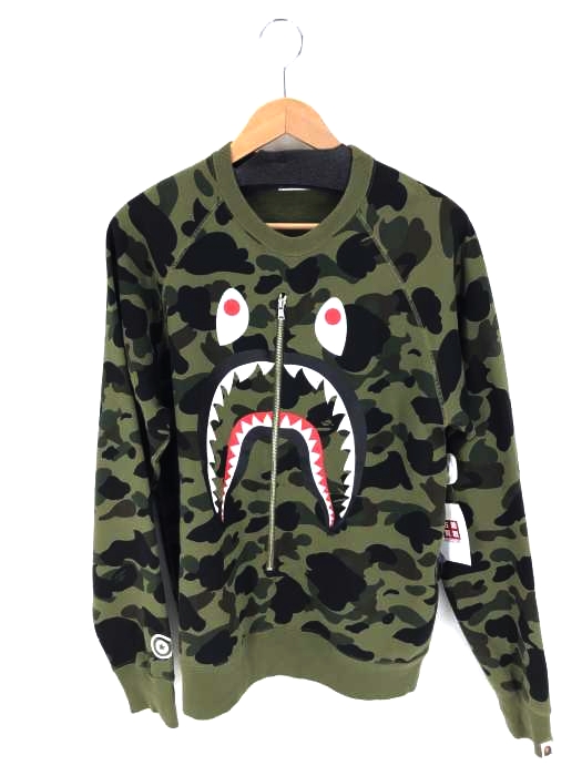 A BATHING APE(アベイシングエイプ) Shark-print cotton-jersey sweatshirt シャークプリントジップデザインスウェット メンズ トップス