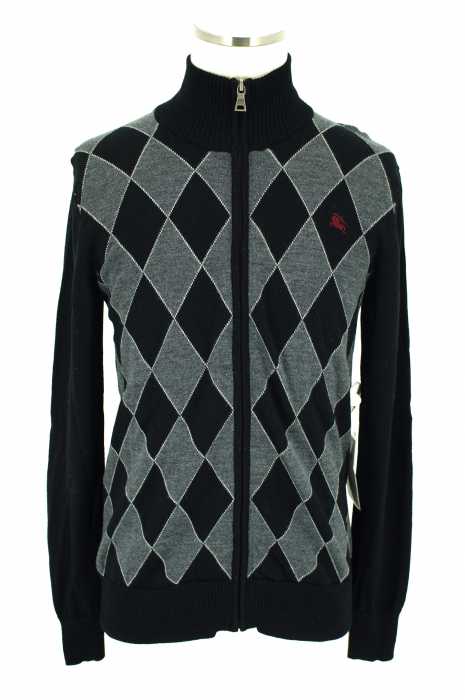 BURBERRY BLACK LABEL （バーバリーブラックレーベル） ロゴ刺繍入りアーガイル柄ハイネックジップアップニットジャケット メンズ トップス
