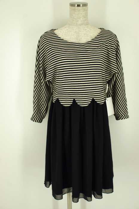 Dot＆Stripes CHILD WOMAN （ドットアンドストライプスチャイルドウーマン） ボーダー柄切替スカラップデザイン5分丈ワンピース レディース ワンピース