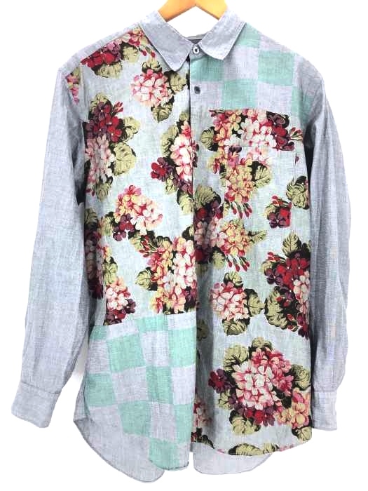 COMME des GARCONS HOMME(コムデギャルソンオム) AD2001 花柄 チェッカー スプリット切り替え シャンブレーシャツ メンズ トップス