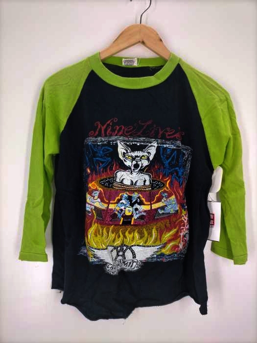 USED古着(ユーズドフルギ) 90S パキ綿 Aerosmith Nine Lives バンドプリントラグラン7分袖Tシャツ メンズ トップス