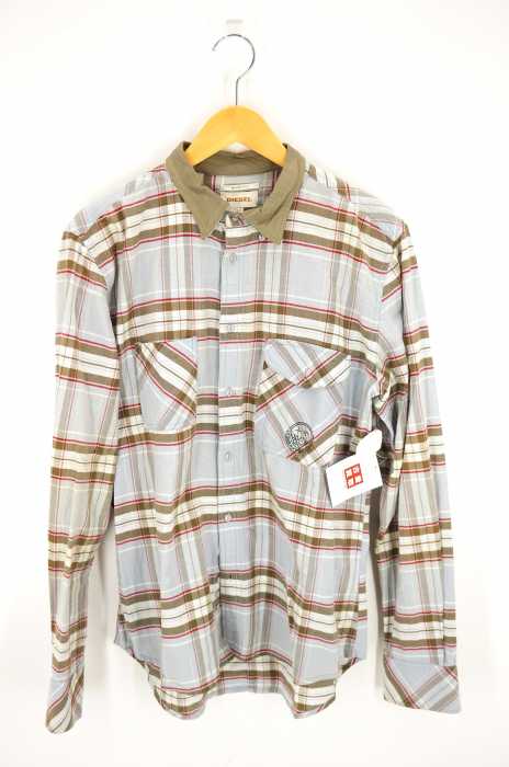 DIESEL (ディーゼル) 襟レザー切替チェックシャツ メンズ トップス