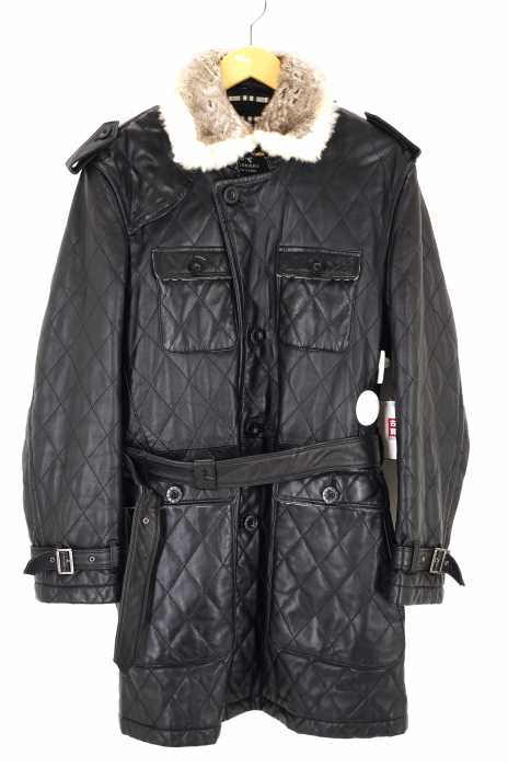 BURBERRY BLACK LABEL (バーバリーブラックレーベル) 襟ファー ラムレザー 裏地ノバチェック柄 キルティングコート メンズ アウター