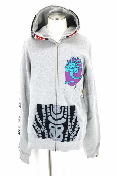 A BATHING APE (アベイシングエイプ). ALIEN FACE FULL ZIP HOODIE エイリアンワッペン&マルチプリントジップアップパーカー メンズ トップス