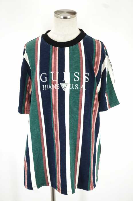 GUESS JEANS (ゲスジーンズ) ロゴ刺繍ストライプ半袖Tシャツ メンズ トップス
