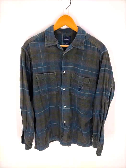 Stussy(ステューシー) 90S 紺タグ 胸ロゴ刺繍 ボックス チェック柄 コットンネルオープンカラーシャツ メンズ トップス