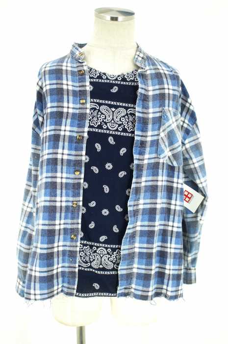 OLD PARK（オールドパーク） チェック柄×バンダナ柄リメイク裾カットオフ メンズ トップス