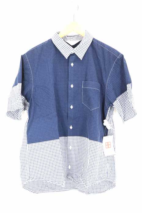 soe shirts(ソーイシャツ) バイカラー切替ギンガムチェック半袖シャツ メンズ トップス