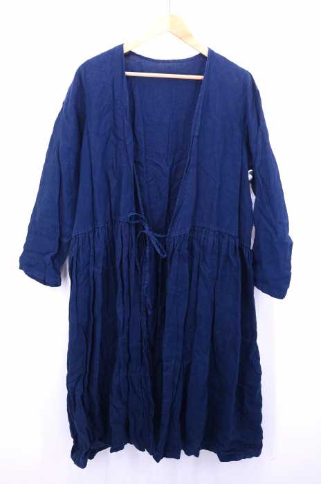 nest Robe (ネストローブ) インディゴ染め ウエストギャザー切替 ラップリネンワンピース レディース ワンピース