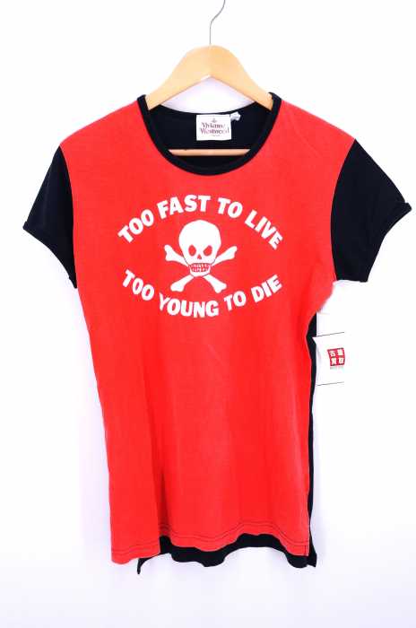 Vivienne Westwood (ヴィヴィアンウエストウッド) 90s TOO YOUNG TO DIE 前後切替 スカルプリント コットンクルーネックTee レディース トップス