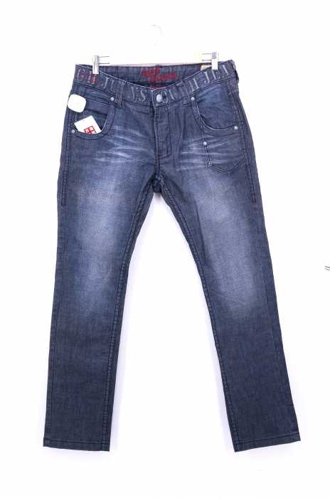 TOUGH Jeansmith（） USED加工 エンボスロゴプリント コンチョボタンモチーフ ストレートデニム メンズ パンツ