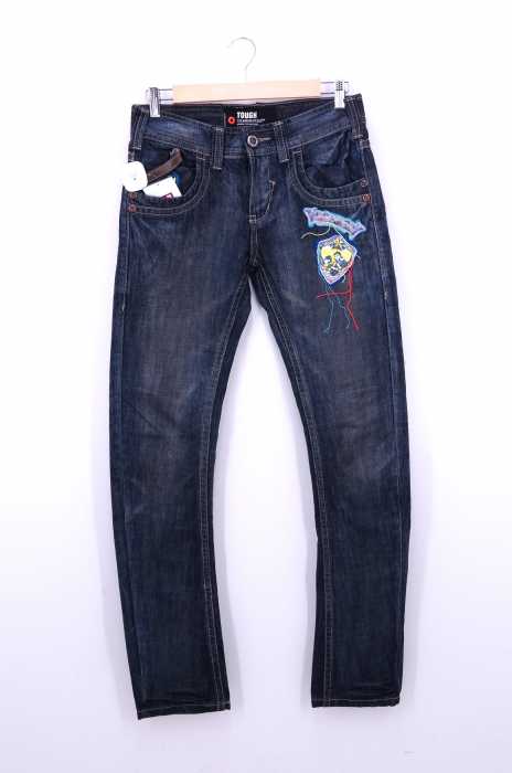 TOUGH Jeansmith（） HOT TOPIC LETITROCK USED加工 クッションワッペン装飾 ナイロンキャンバスパッチ バックポケットパンダ刺繍 バナナカーブデニム メンズ パンツ