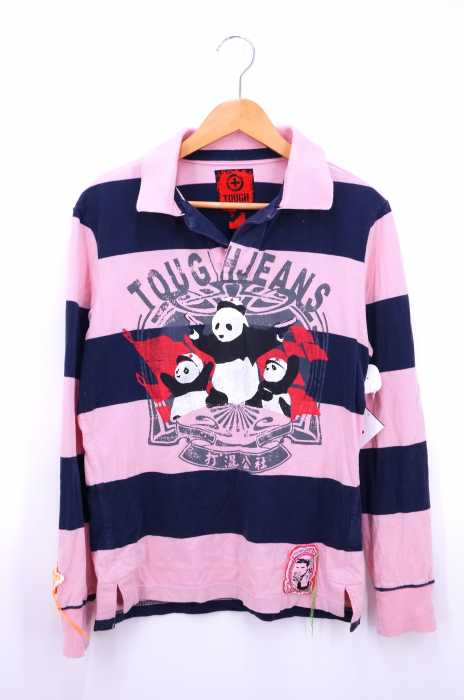 TOUGH Jeansmith（） USED加工 ボーダー柄 クッションワッペン装飾 パンダペイント ラガーシャツ メンズ トップス