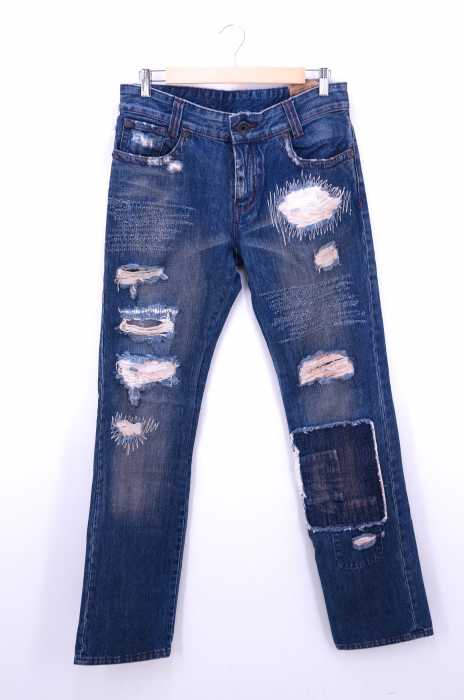 TOUGH Jeansmith（） ダメージ＆リペア加工 レッドステッチ パッチワーク ストレートデニム メンズ パンツ