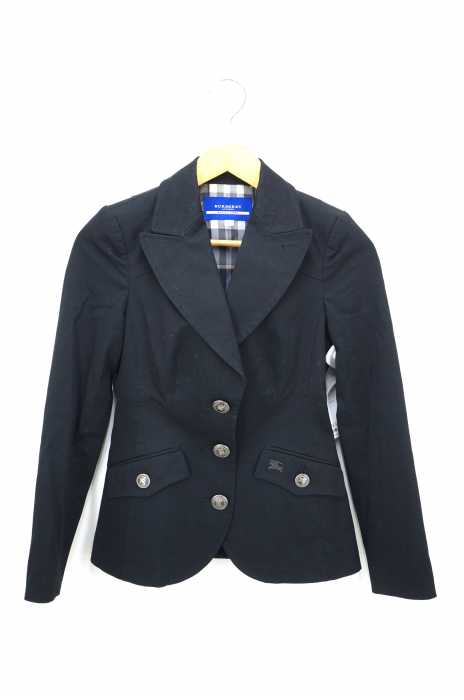 BURBERRY BLUE LABEL（バーバリーブルーレーベル） 裏地チェック柄 ロゴ刺繍 コットンヘリンボーンストレッチテーラードジャケット レディース アウター