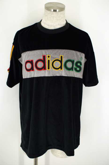 adidas （アディダス） ブランド刺繍入りラスタカラーライン入り半袖ベロアTシャツ メンズ トップス