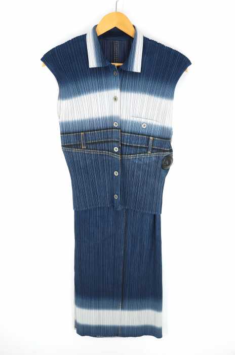 PLEATS PLEASE ISSEY MIYAKE（プリーツプリーズイッセイミヤケ） デニム転写プリント プリーツ加工トップス スカート セットアップ レディース セットアップ